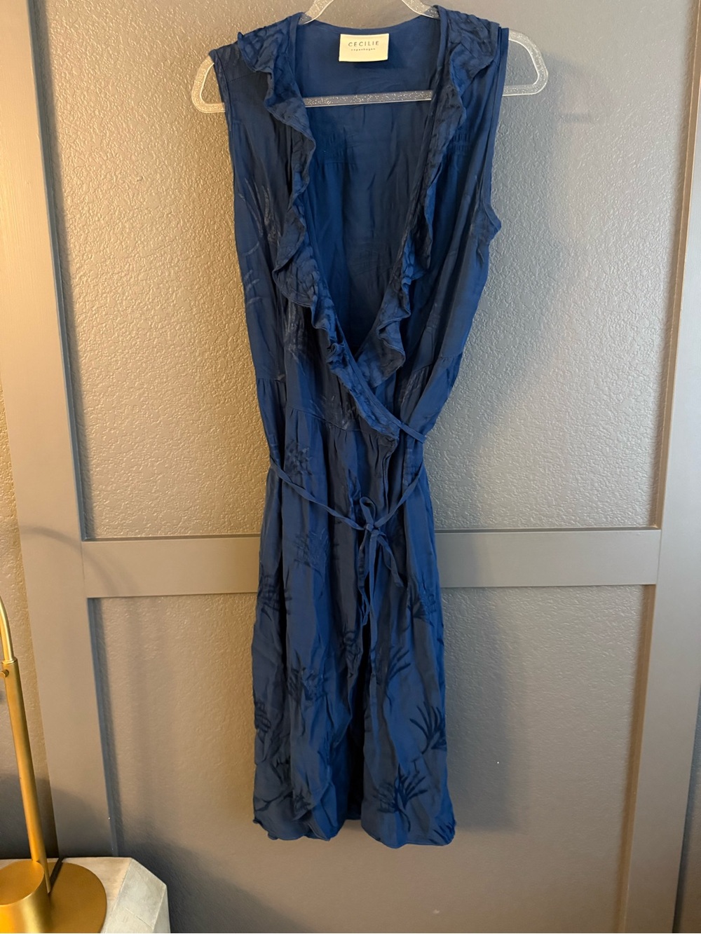 CECILIE Copenhagen • Navy Ruffle Wrap tank Dress - palm floral print Medium
